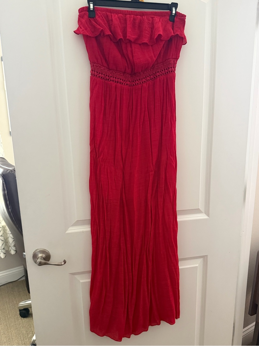 Strapless Ruffle Waist Red Maxi Dress